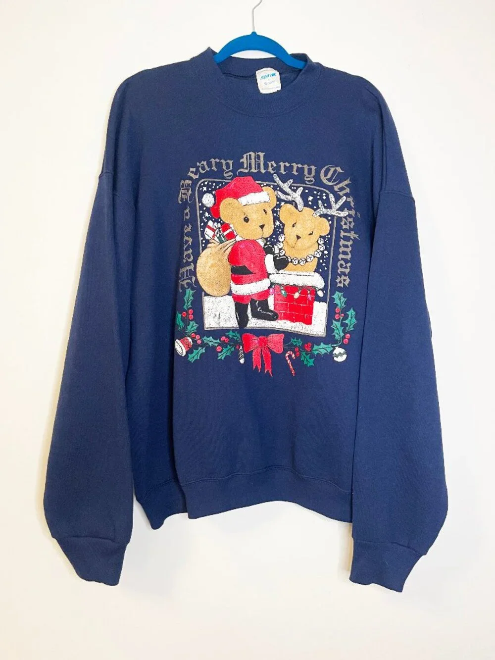 India Ink Christmas Bear Sweatshirt Navy Blue Women's One Size Vintage Holiday